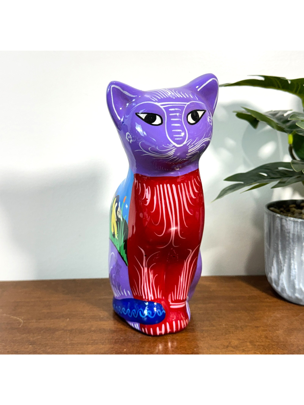 Hand Painted Mexican Folk Art Cat Figurine Talavera Tonala Style Pottery 8"